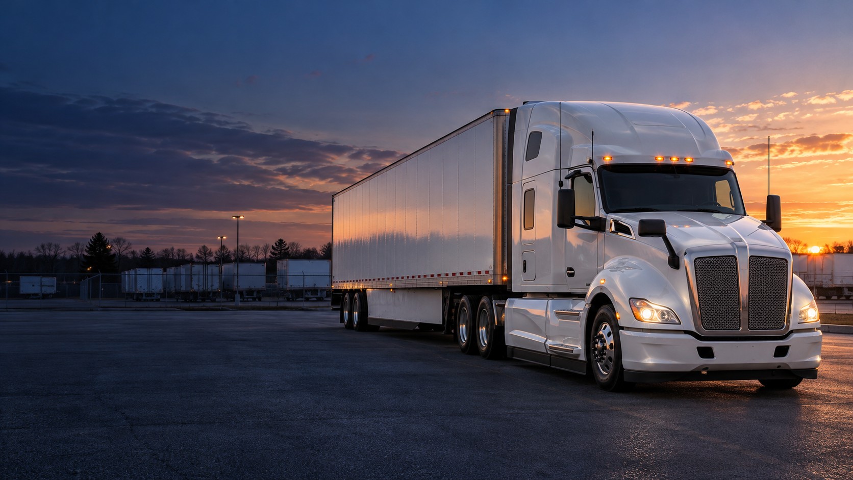 Illustration of a North American conventional sleeper-cab tractor with a white dry van trailer in a parking area